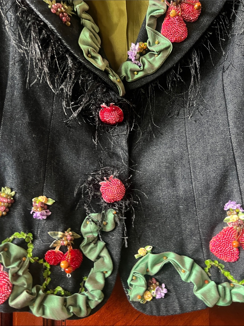 RARE MARY FRANCES Black Denim Jacket with Beaded/Embellished Fruits Size Small - Picture 5 of 16